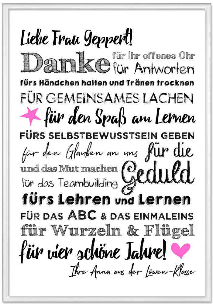 Danke Abschied Grundschule 4 Klasse Text Poster DANKE für Lehrer und Lehrerin, personalisiertes Bild als