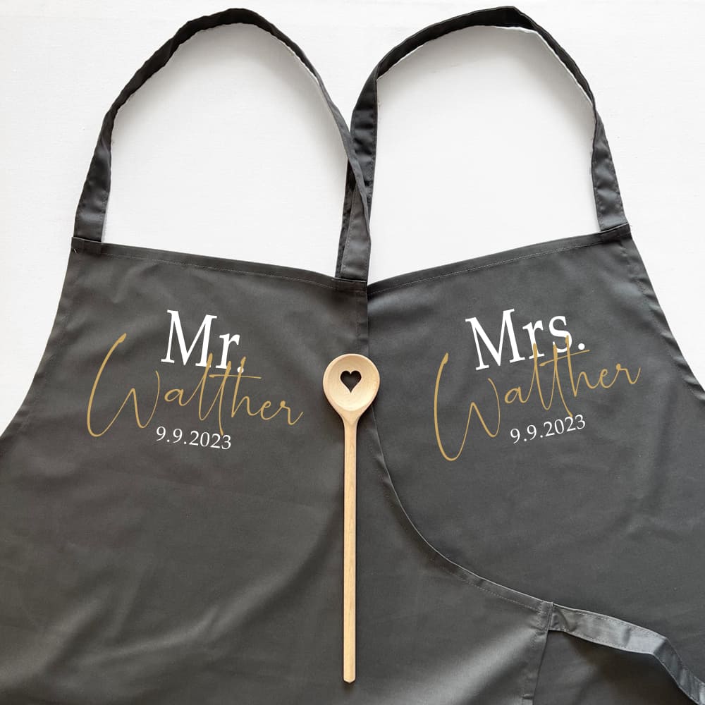 Schürzen-SET Mr & Mrs als Hochzeitsgeschenk – engel + banditen